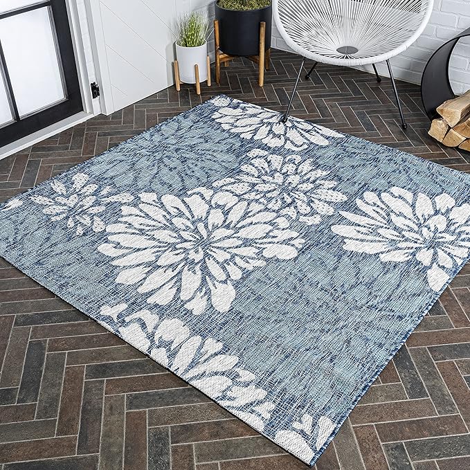 JONATHAN Y Floral Textured Weave Indoor Outdoor Square Area Rug 4X4 Navy/Aqua, Zinnia Modern for Backyard, Patio, Porch, Easy-Cleaning, High Traffic, Pet-Friendly, Non-Shedding (SMB110C-4SQ)