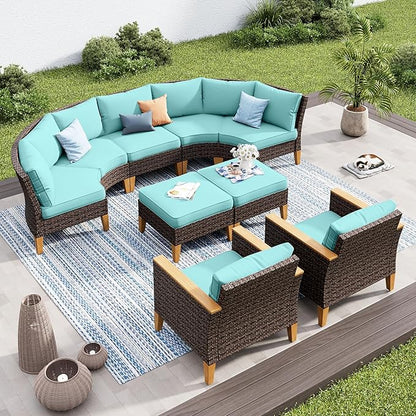 PHI VILLA 7-Piece Wicker Patio Furniture Set, Outdoor Half-Moon Curved Sectional Sofa with Thick Aqua Blue Cushions, 2 Ottomans, 2 Single Seats, Large Conversation Seating for Garden or Backyard