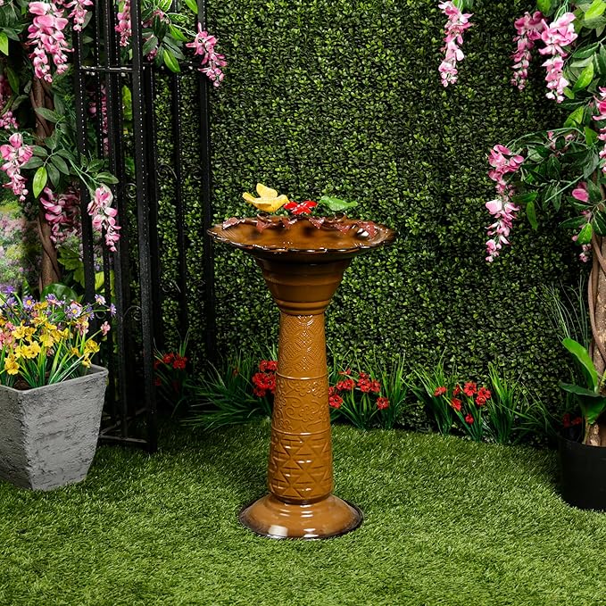 Alpine Corporation ORS112BR Vintage Outdoor Shallow Bowl Metal Pedestal Birdbath with Stand, 28" H, Brown