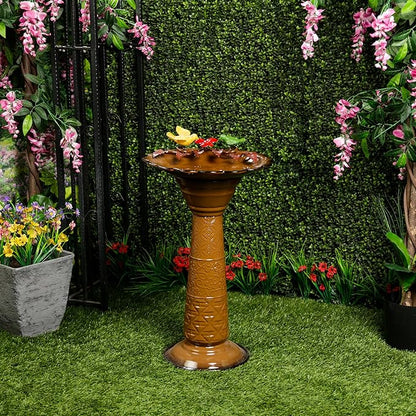 Alpine Corporation ORS112BR Vintage Outdoor Shallow Bowl Metal Pedestal Birdbath with Stand, 28" H, Brown