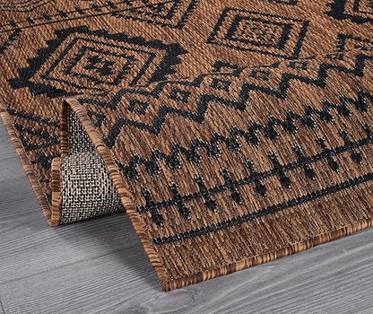 Beverly Rug Waikiki Boho Indoor Outdoor Rug 9x12, Washable Outside Carpet for Patio, Deck, Porch, Bohemian Area Rug, Farmhouse Rugs, Aztec Tribal Rug, Nut Brown and Black