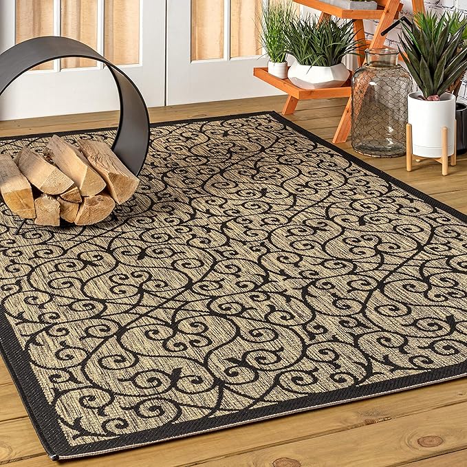 JONATHAN Y Vintage Filigree Indoor Outdoor Area Rug 4X6 Black/Khaki, Madrid Textured Weave for Backyard, Patio, Porch, Easy-Cleaning, High Traffic, Pet-Friendly, Non-Shedding (SMB107A-4)