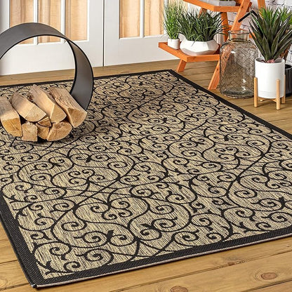 JONATHAN Y Vintage Filigree Indoor Outdoor Area Rug 4X6 Black/Khaki, Madrid Textured Weave for Backyard, Patio, Porch, Easy-Cleaning, High Traffic, Pet-Friendly, Non-Shedding (SMB107A-4)