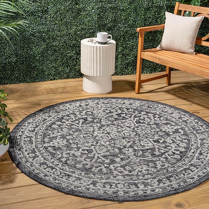 JONATHAN Y Boho Medallion Indoor Outdoor Round Area Rug 3 Ft Black/Gray, Malta Textured Weave for Backyard, Patio, Porch, Easy-Cleaning, High Traffic, Pet-Friendly, Non-Shedding (SMB104C-3R)