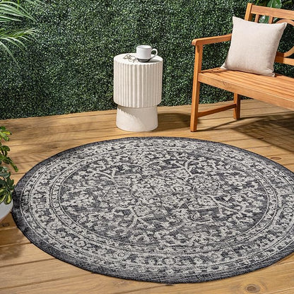 JONATHAN Y Boho Medallion Indoor Outdoor Round Area Rug 3 Ft Black/Gray, Malta Textured Weave for Backyard, Patio, Porch, Easy-Cleaning, High Traffic, Pet-Friendly, Non-Shedding (SMB104C-3R)