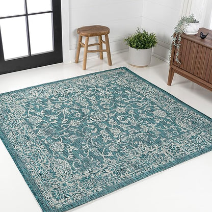 JONATHAN Y Weave Floral Indoor Outdoor Square Area Rug 5X5 Teal/Gray, Tela Bohemian Textured for Backyard, Patio, Porch, Easy-Cleaning, High Traffic, Pet-Friendly, Non-Shedding (SMB100C-5SQ)