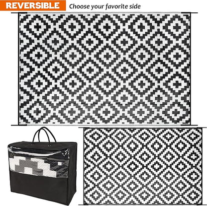 SAND MINE Waterproof Outdoor Rug 6x9 ft, Reversible Mats, Modern Area Rug, Large Floor Mat and Rug for Outdoors, RV, Patio, Backyard, Deck, Picnic, Beach, Trailer, Camping, Black & White Lattice