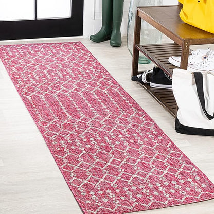 JONATHAN Y Moroccan Geometric Indoor Outdoor Runner Rug 2X10 Fuchsia/Light Gray, Ourika Textured Weave for Backyard, Patio, Porch, Easy-Cleaning, Pet-Friendly, Non-Shedding (SMB108Q-210)