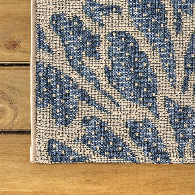 JONATHAN Y Floral Textured Weave Indoor Outdoor Round Area Rug 5 Ft Navy/Green, Zinnia Modern for Backyard, Patio, Porch, Easy-Cleaning, High Traffic, Pet-Friendly, Non-Shedding (SMB110B-5R)