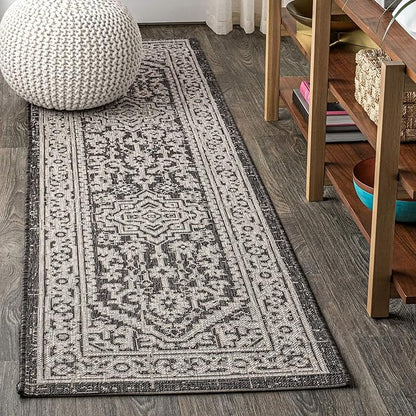 JONATHAN Y Medallion Weave Indoor Outdoor Runner Rug 2X8 Gray/Black, Sinjuri Textured for Backyard, Patio, Porch, Easy-Cleaning, High Traffic, Pet-Friendly, Non-Shedding (SMB101D-28)