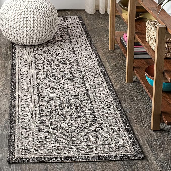 JONATHAN Y Medallion Weave Indoor Outdoor Runner Rug 2X10 Gray/Black, Sinjuri Textured for Backyard, Patio, Porch, Easy-Cleaning, High Traffic, Pet-Friendly, Non-Shedding (SMB101D-210)