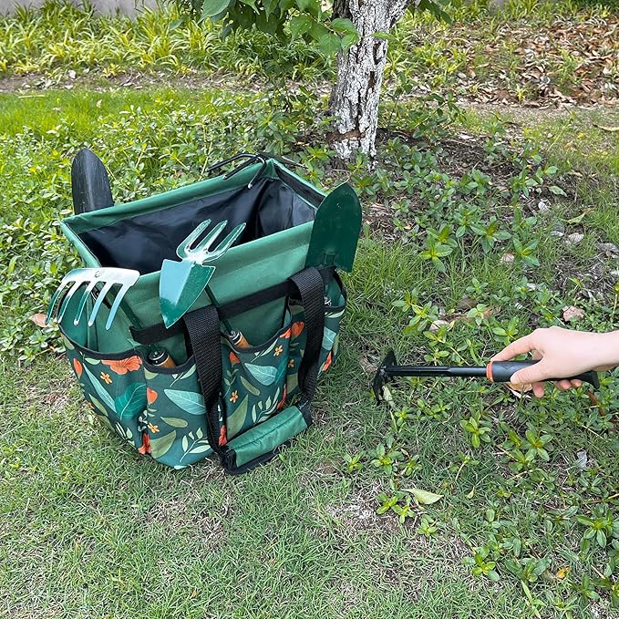 Standable Garden Tool Bag for Women, Oxford Multi-Pocket Gardening Tote with Hard Bottom & Adjustable Shoulder Strap