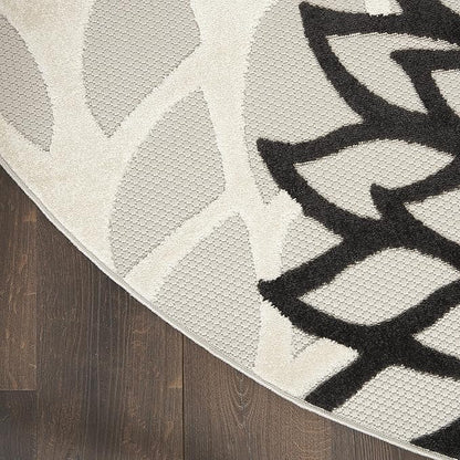 Nourison Aloha Indoor/Outdoor Black White 7'10" x Round Area Rug, Tropical, Botanical, Easy Cleaning, Non Shedding, Bed Room, Living Room, Dining Room, Deck, Backyard, Patio (8 Round)
