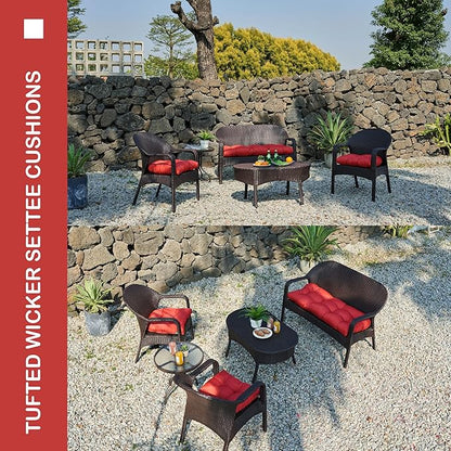 Outdoor/Indoor All Weather Tufted Wicker Chair Cushions of 3 Pieces, 1 Loveseat and 2 U-Shape Waterproof Cushions for Patio Furniture,Wicker Loveseat,Bench-Red
