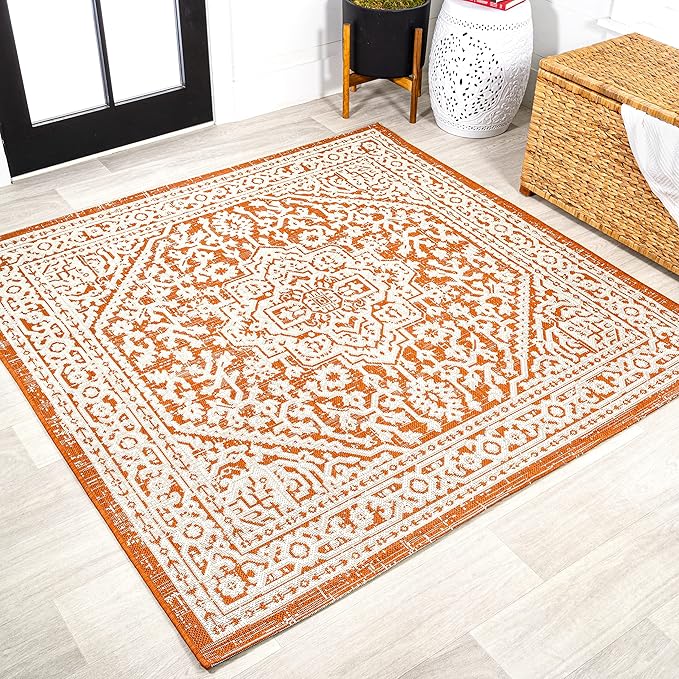 JONATHAN Y Medallion Weave Indoor Outdoor Square Area Rug 5X5 Orange/Cream, Sinjuri Textured for Backyard, Patio, Porch, Easy-Cleaning, High Traffic, Pet-Friendly, Non-Shedding (SMB101F-5SQ)
