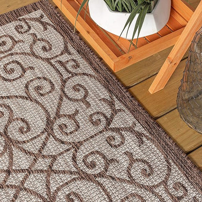 JONATHAN Y Vintage Filigree Indoor Outdoor Runner Rug 2X10 Taupe/Espresso, Madrid Textured Weave for Backyard, Patio, Porch, Easy-Cleaning, High Traffic, Pet-Friendly, Non-Shedding (SMB107C-210)