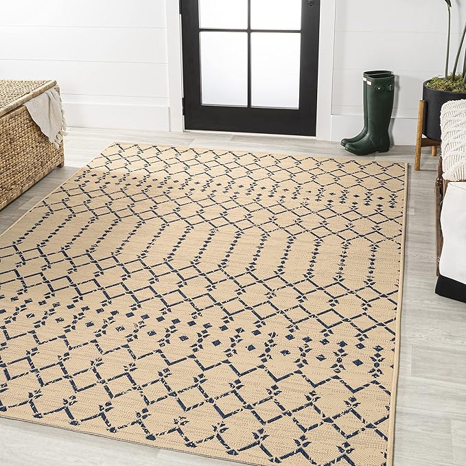 JONATHAN Y Moroccan Geometric Indoor Outdoor Area Rug 6X9 Beige/Navy, Ourika Textured Weave for Backyard, Patio, Porch, Easy-Cleaning, High Traffic, Pet-Friendly, Non-Shedding (SMB108H-6)