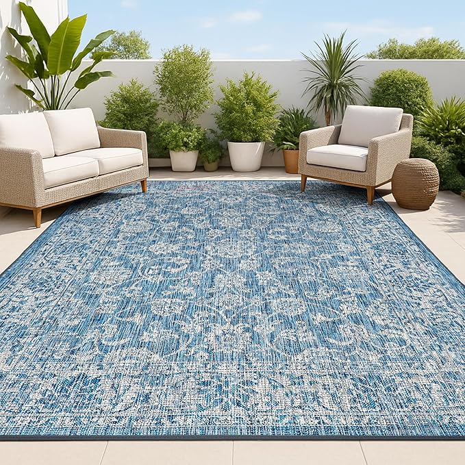JONATHAN Y Weave Floral Indoor Outdoor Area Rug 6X9 Navy/Gray, Tela Bohemian Textured for Backyard, Patio, Porch, Easy-Cleaning, High Traffic, Pet-Friendly, Non-Shedding (SMB100B-6)