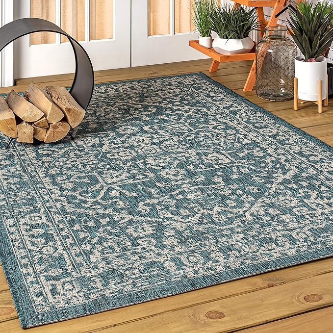 JONATHAN Y Boho Medallion Indoor Outdoor Area Rug 9X12 Teal/Gray, Malta Textured Weave for Backyard, Patio, Porch, Easy-Cleaning, High Traffic, Pet-Friendly, Non-Shedding (SMB104B-9)