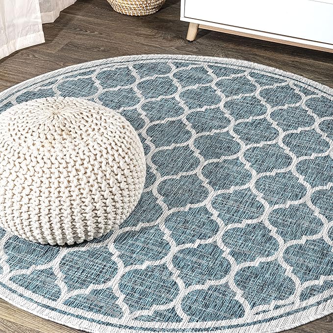 JONATHAN Y Moroccan Trellis Indoor Outdoor Round Area Rug 6 Ft Teal/Gray, Trebol Textured Weave for Backyard, Patio, Porch, Easy-Cleaning, High Traffic, Pet-Friendly, Non-Shedding (SMB109E-6R)