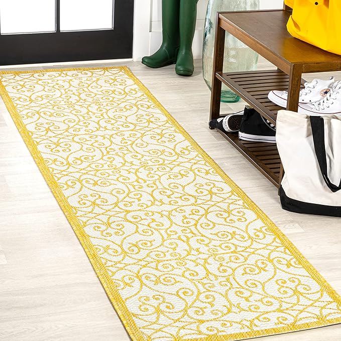 JONATHAN Y Vintage Filigree Indoor Outdoor Runner Rug 2X8 Cream/Yellow, Madrid Textured Weave for Backyard, Patio, Porch, Easy-Cleaning, High Traffic, Pet-Friendly, Non-Shedding (SMB107D-28)