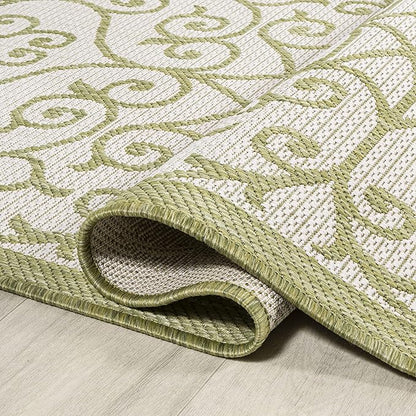 JONATHAN Y Vintage Filigree Indoor Outdoor Runner Rug 2X8 Green/Cream, Madrid Textured Weave for Backyard, Patio, Porch, Easy-Cleaning, High Traffic, Pet-Friendly, Non-Shedding (SMB107H-28)