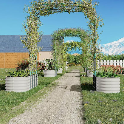 Expandable Arch Trellis Raised Bed Kit – 95" Metal Garden System with Vertical Netting, Plant Ties, and Drainage Design for Vegetables, Flowers, and Vines (Rust-Proof Beige)