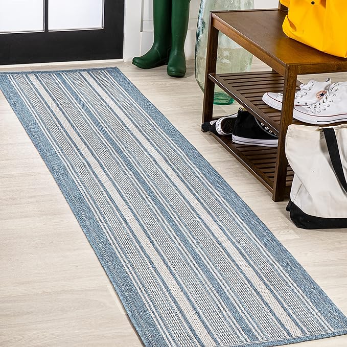 JONATHAN Y Double Stripe Indoor Outdoor Runner Rug 2X8 Blue/Light Gray, Haynes Modern for Backyard, Patio, Porch, Easy-Cleaning, High Traffic, Pet-Friendly, Non-Shedding (SMB202E-28)