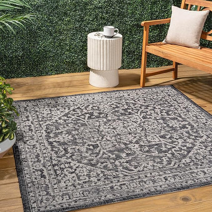 JONATHAN Y Boho Medallion Indoor Outdoor Square Area Rug 6X6 Black/Gray, Malta Textured Weave for Backyard, Patio, Porch, Easy-Cleaning, High Traffic, Pet-Friendly, Non-Shedding (SMB104C-6SQ)