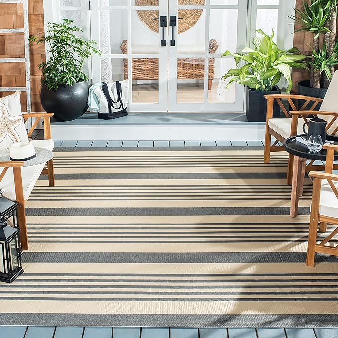 SAFAVIEH Washable Rug Outdoor Courtyard Collection - 6'7" Square, Grey & Bone, Non-Shedding & Easy Cleaning, Ideal for Patio, Backyard, Mudroom (CY6062-236)