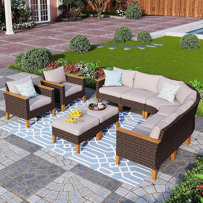 PHI VILLA 9-Piece Wicker Patio Furniture Set, Outdoor Half-Moon Curved Sectional Sofa with Thick Beige Cushions, 2 Ottomans, 2 Single Seats, Large Conversation Seating for Garden or Backyard