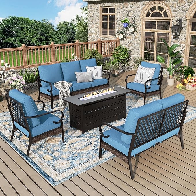 Patio Furniture Set with Firepit Table, Black Frame Outdoor Conversation Set with 2 x Fixed Chairs, 1 x 2-Seat Sofa, 1 x 3-Seat Sofa for Lawn Garden Backyard, Navy Blue
