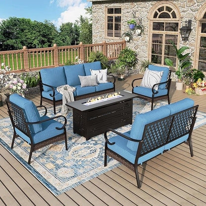 Patio Furniture Set with Firepit Table, Black Frame Outdoor Conversation Set with 2 x Fixed Chairs, 1 x 2-Seat Sofa, 1 x 3-Seat Sofa for Lawn Garden Backyard, Navy Blue