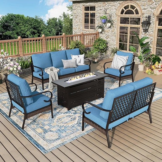 Patio Furniture Set with Firepit Table, Black Frame Outdoor Conversation Set with 2 x Fixed Chairs, 1 x 2-Seat Sofa, 1 x 3-Seat Sofa for Lawn Garden Backyard, Navy Blue