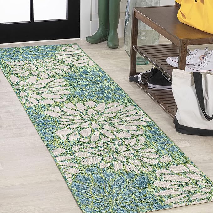 JONATHAN Y Floral Textured Weave Indoor Outdoor Runner Rug 2X8 Cream/Green, Zinnia Modern for Backyard, Patio, Porch, Easy-Cleaning, High Traffic, Pet-Friendly, Non-Shedding (SMB110D-28)