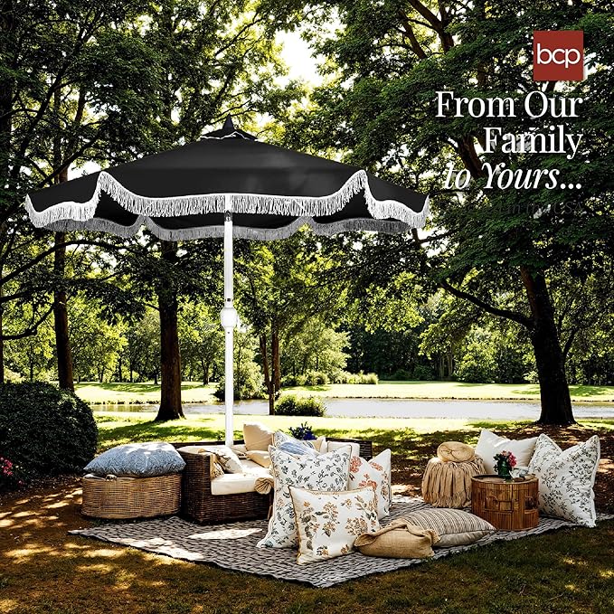 Best Choice Products 9ft Fringe Market Patio Umbrella – Outdoor Boho Tassel Sunshade for Table, Pool, Deck, Backyard – UPF50+, Easy Tilt, Heavy Duty Steel Pole & Ribs