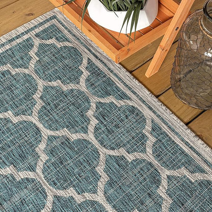 JONATHAN Y Moroccan Trellis Indoor Outdoor Round Area Rug 6 Ft Teal/Gray, Trebol Textured Weave for Backyard, Patio, Porch, Easy-Cleaning, High Traffic, Pet-Friendly, Non-Shedding (SMB109E-6R)