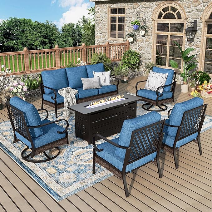Patio Furniture Set with Firepit Table, Black Frame Outdoor Conversation Set with 2 x Fixed Chairs, 2 x Swivel Chairs, 1 x 3-Seat Sofa for Lawn Garden Backyard, Pacific Blue