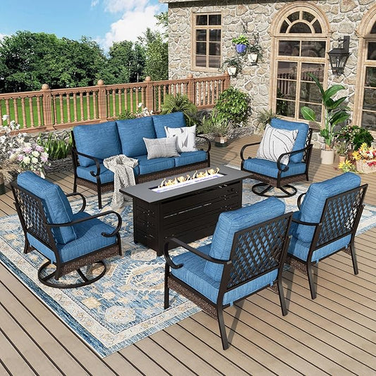 Patio Furniture Set with Firepit Table, Black Frame Outdoor Conversation Set with 2 x Fixed Chairs, 2 x Swivel Chairs, 1 x 3-Seat Sofa for Lawn Garden Backyard, Pacific Blue