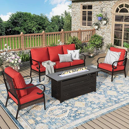 Patio Furniture Set with Firepit Table, Black Frame Outdoor Conversation Set with 2 x Fixed Chairs, 1 x 3-Seat Sofa for Lawn Garden Backyard, Red