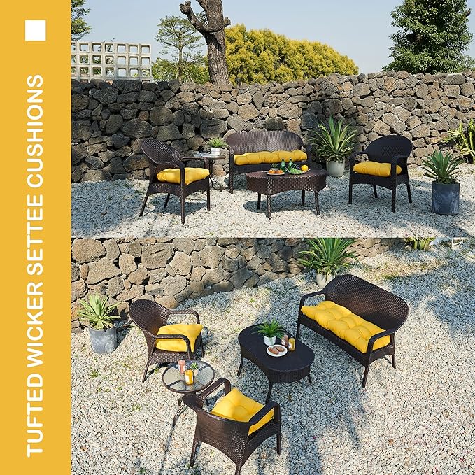 Outdoor/Indoor All Weather Tufted Wicker Chair Cushions of 3 Pieces, 1 Loveseat and 2 U-Shape Waterproof Cushions for Patio Furniture,Wicker Loveseat,Bench-Yellow