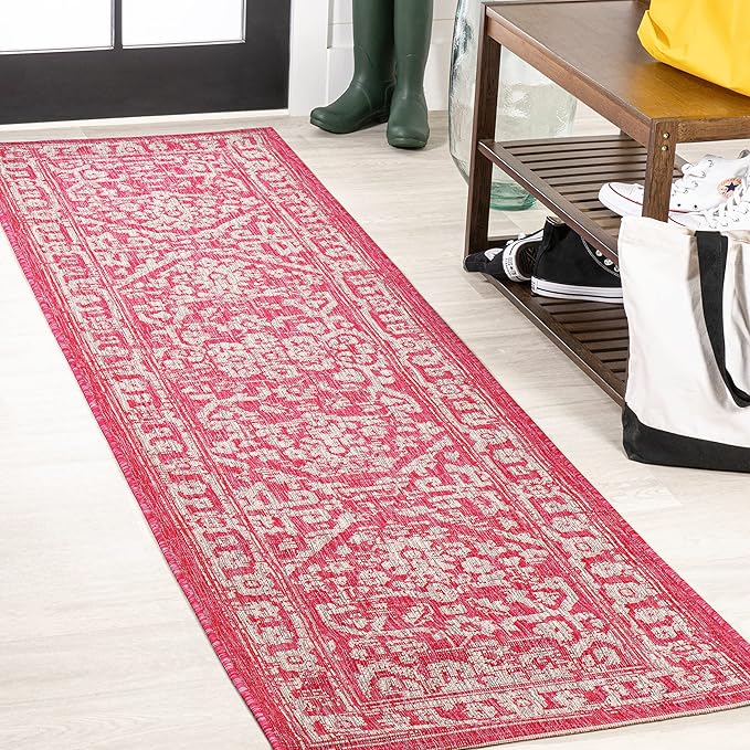 JONATHAN Y Boho Medallion Indoor Outdoor Runner Rug 2X8 Fuchsia/Light Gray, Malta Textured Weave for Backyard, Patio, Porch, Easy-Cleaning, High Traffic, Pet-Friendly, Non-Shedding (SMB104E-28)