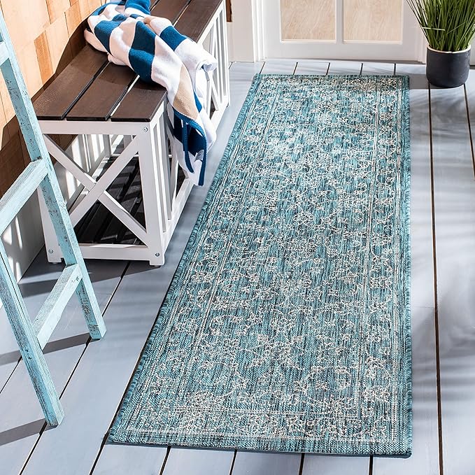 SAFAVIEH Washable Rug Outdoor Courtyard Collection - 2'3" x 8' Runner, Turquoise, Non-Shedding & Easy Cleaning, Ideal for Patio, Entryway, Mudroom, Hallway, Kitchen (CY8680-37221)