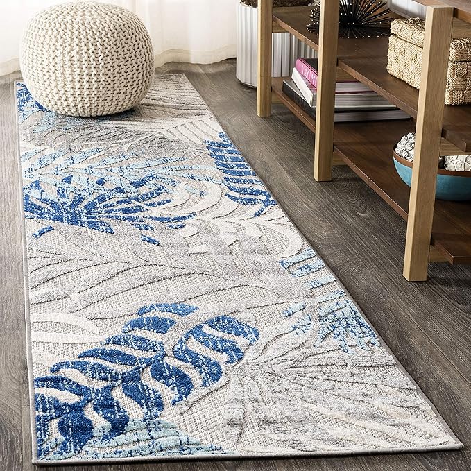 JONATHAN Y Tropics Palm Leaves Indoor Outdoor Runner Rug 2X10 Gray/Blue, Boho for Backyard, Patio, Porch, Easy-Cleaning, High Traffic, Pet-Friendly, Non-Shedding (AMC100A-210)