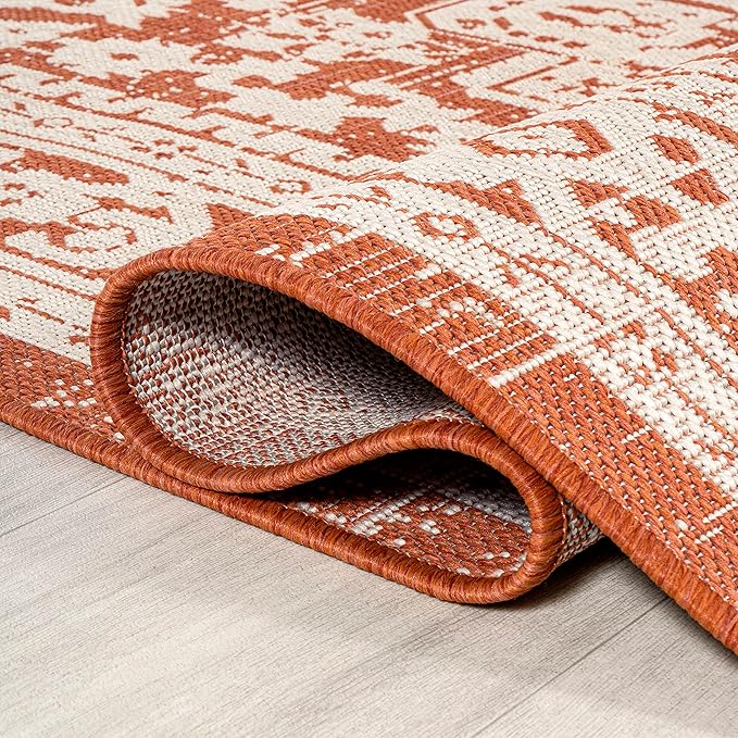 JONATHAN Y Medallion Weave Indoor Outdoor Square Area Rug 5X5 Orange/Cream, Sinjuri Textured for Backyard, Patio, Porch, Easy-Cleaning, High Traffic, Pet-Friendly, Non-Shedding (SMB101F-5SQ)