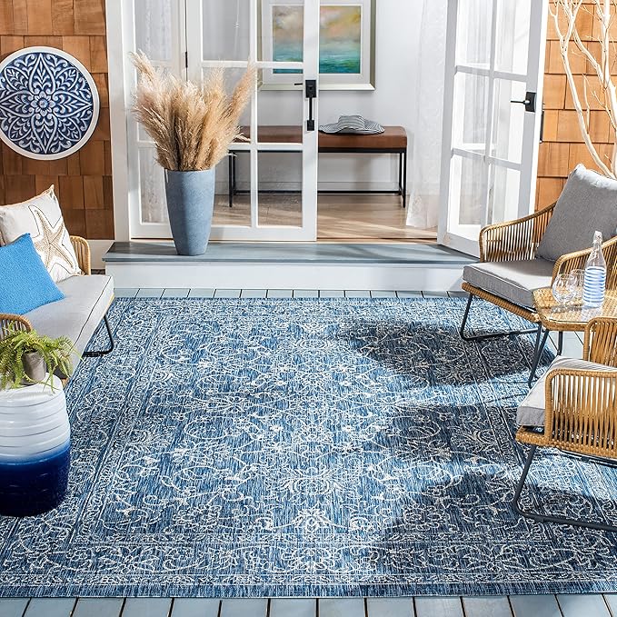 SAFAVIEH Washable Rug Outdoor Courtyard Collection - 6'7" Square, Navy & Ivory, Non-Shedding & Easy Cleaning, Ideal for Patio, Backyard, Mudroom (CY8680-36821)