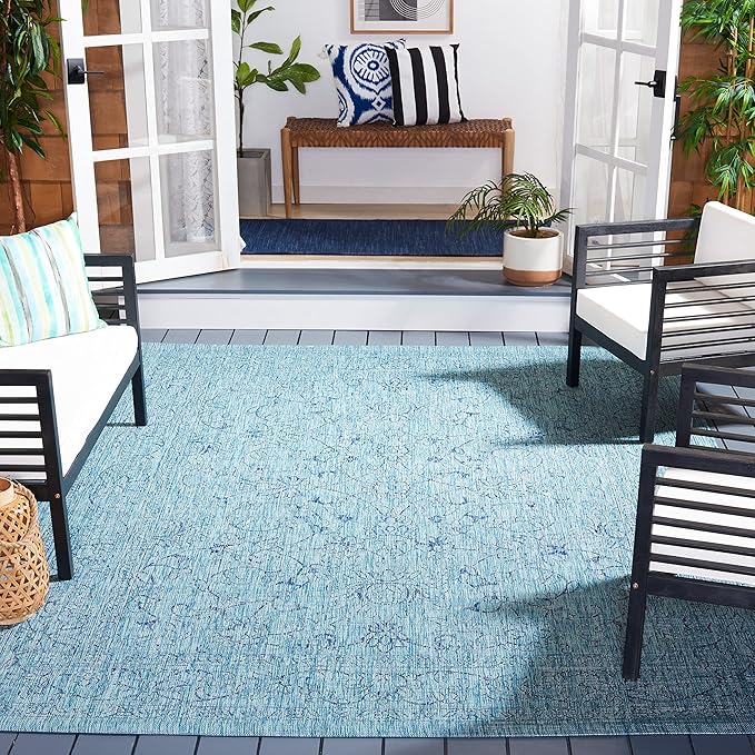 SAFAVIEH Washable Rug Outdoor Courtyard Collection - 6'7" Square, Aqua Blue & Navy, Non-Shedding & Easy Cleaning, Ideal for Patio, Backyard, Mudroom (CY8680-39412)