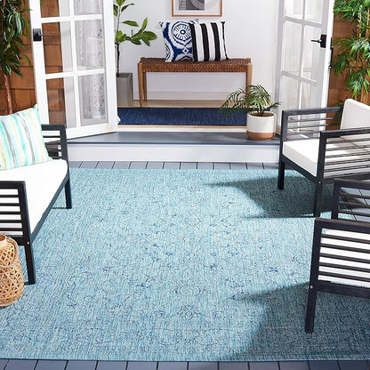 SAFAVIEH Washable Rug Outdoor Courtyard Collection - 6'7" Square, Aqua Blue & Navy, Non-Shedding & Easy Cleaning, Ideal for Patio, Backyard, Mudroom (CY8680-39412)