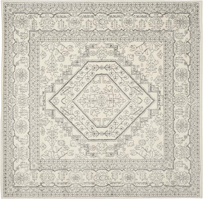SAFAVIEH Adirondack Collection Area Rug - 6' Square, Ivory & Silver, Oriental Medallion Design, Non-Shedding & Easy Care, Ideal for High Traffic Areas in Living Room, Bedroom (ADR108B)