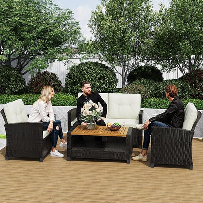 Wisteria Lane 4 Piece Patio Furniture Set, Wicker Outdoor Patio Conversation Furniture Set, All Weather Outdoor Patio Sofa with Cushion and Glass Table, Beige
